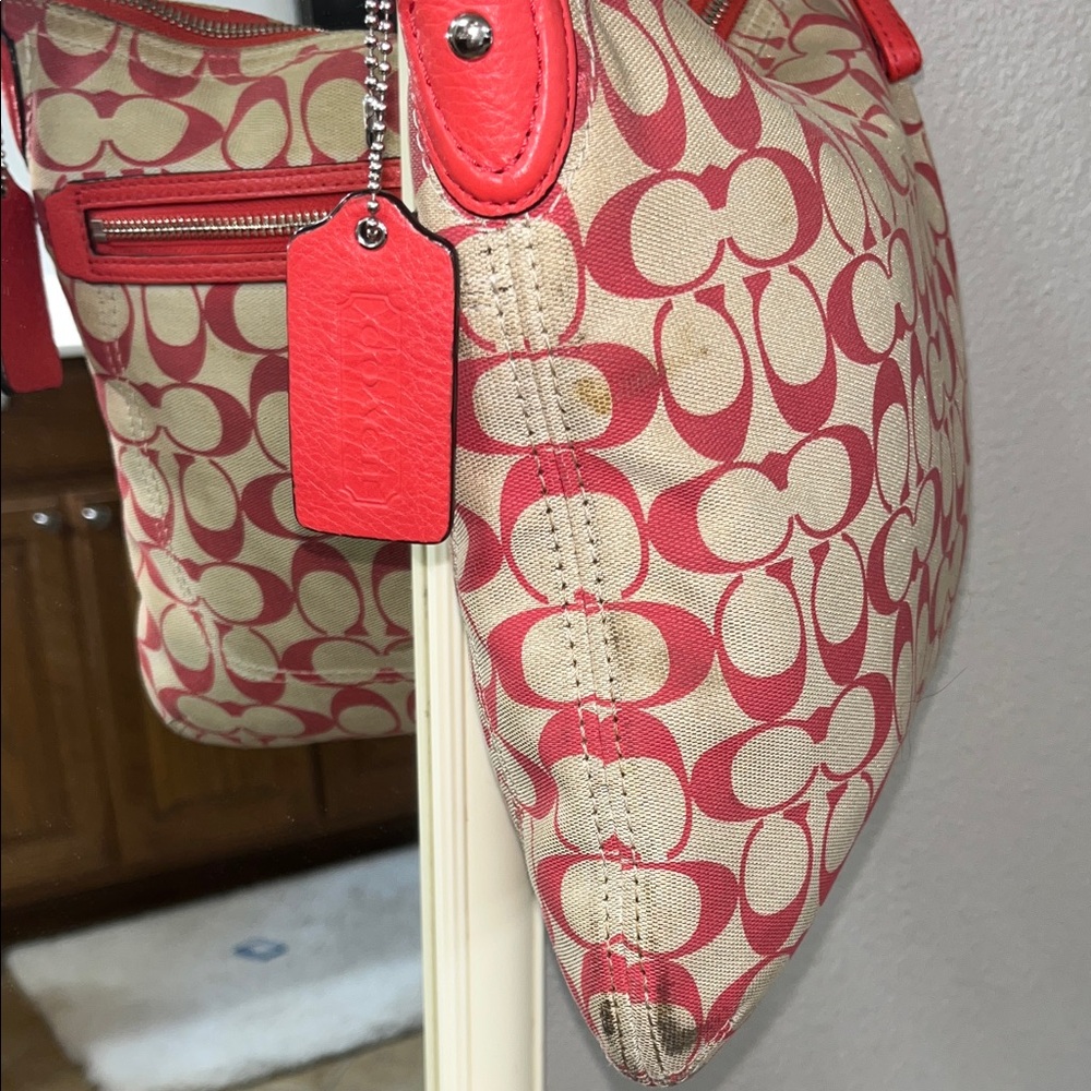 Coach Red and Beige Signature Shoulder Bag - Picture 5 of 13